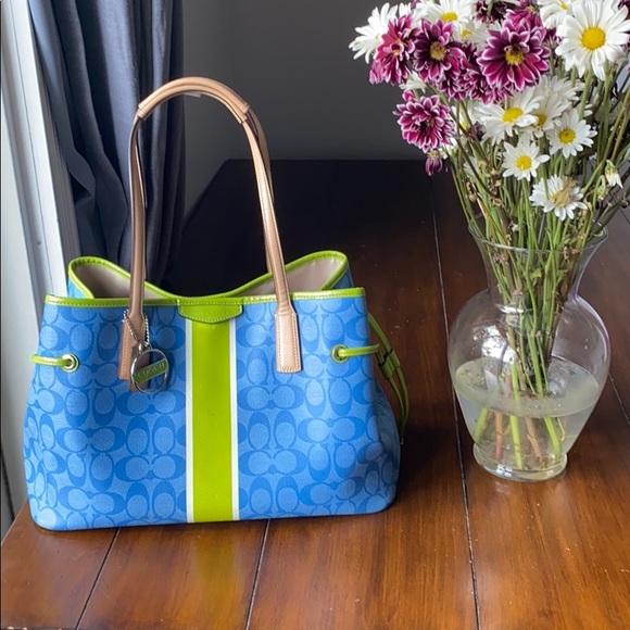 Coach Handbags - Spacious Blue and Lime Green Coach Bag